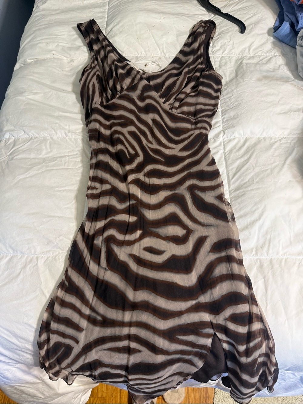 Sleeveless Zebra-Print Midi Dress in Brown